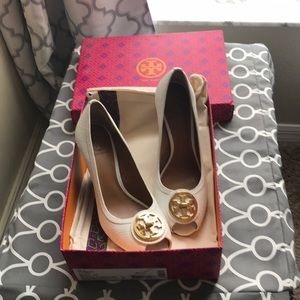 White Tory Burch peep toe pump